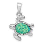 Sterling Silver Rhodium-plated Green Inlay Created Opal Turtle Pendant
